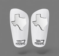 Pair of white soccer shin guards with any 3D state logo on TREDCAL brand guards