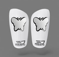 A pair of TREDCAL brand soccer shin guards with patented 3D butterfly logo.