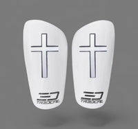A pair of TREDCAL brand soccer shin guards with patented 3D cross logo.