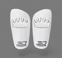 Pair of white shin guards with crown design and Tredcal branding
