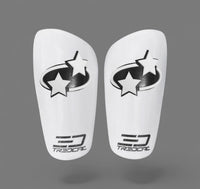 Pair of soccer shin guards with 3D dizzy star logo design on TREDCAL brand shin guards