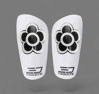 Pair of white shin guards with black floral design and TREDCAL branding.