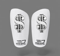 A pair of TREDCAL brand soccer shin guards with patented 3D money/dollar sign logo.