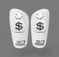 A pair of TREDCAL brand soccer shin guards with patented 3D Money Bag logo.