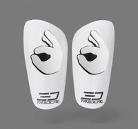 A pair of TREDCAL brand soccer shin guards with patented 3D OK logo.