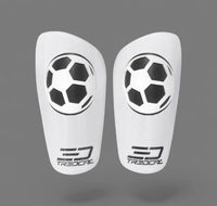 A pair of TREDCAL brand soccer shin guards with patented 3D soccer ball logo.