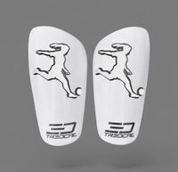 A pair of TREDCAL brand soccer shin guards with patented 3D soccer player logo.