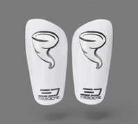 A pair of TREDCAL brand soccer shin guards with patented 3D storm/tornado logo.